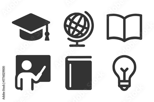 Educational icons set featuring globe, book, graduation cap, teacher, and lightbulb.