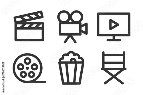 Film icons: clapperboard, camera, screen, film reel, popcorn, director chair.