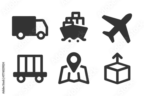 Transport and delivery icons: truck, ship, airplane, cart, map, package.