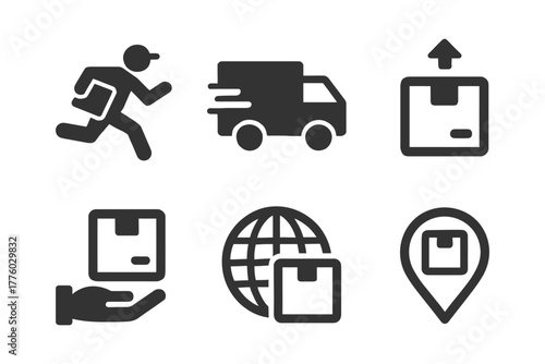 Delivery and shipping icons: courier, truck, package, globe, location marker.