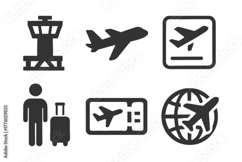 Air travel icons set featuring plane, airport, boarding pass, globe, traveler.