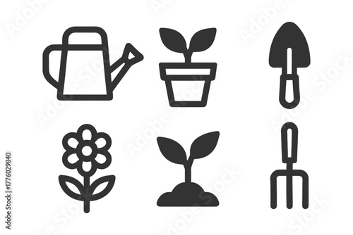 Gardening icon set: watering can, potted plant, trowel, flower, seedling, fork.