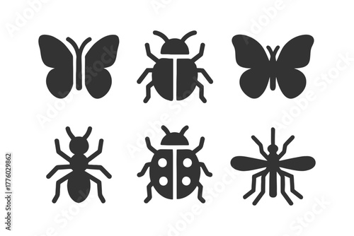 Silhouettes of butterfly, beetle, ant, ladybug, and mosquito on white background.