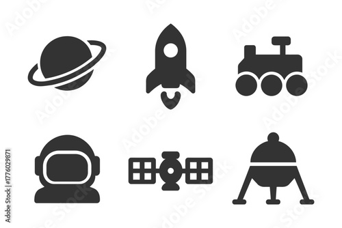 Space icons collection: planet, rocket, rover, astronaut, satellite, lander.