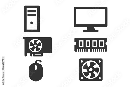 Computer components icons: tower, monitor, graphics card, ram, mouse, fan.