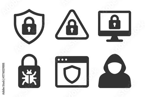 Cybersecurity icons featuring locks, shields, and hacker silhouette.