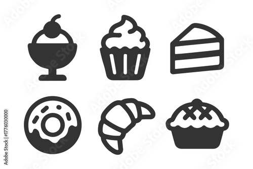 Black and white dessert icons: cupcake, ice cream, cake, donut, croissant, pie.