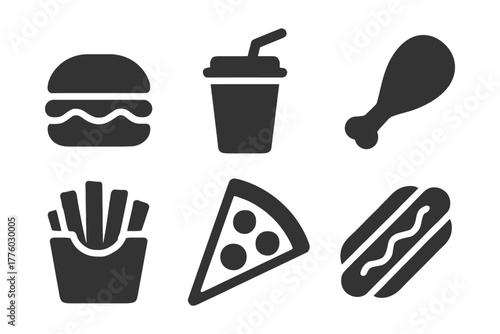 Fast food icons set: burger, soda, chicken, fries, pizza, hot dog.