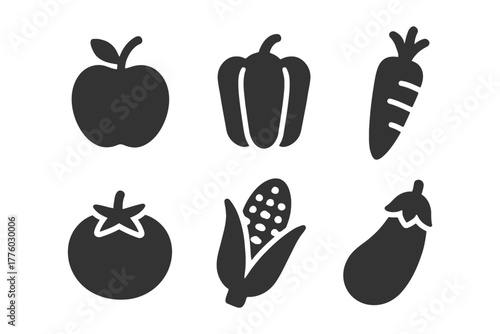 Silhouette icons of apple, bell pepper, carrot, tomato, corn, and eggplant on white.