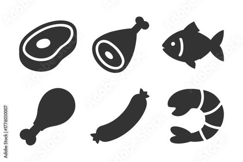 Black silhouette icons of meat and seafood: steak, ham, fish, drumstick, sausage, shrimp.