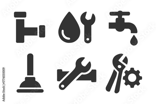 Collection of plumbing tools and symbols: pipes, wrench, water drop, faucet, plunger, gear.
