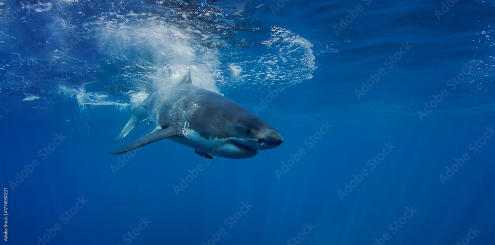 Fototapeta premium Great White Shark in clear blue ocean water, underwater shot at Mexico in Pacific ocean Isla Guadalupe