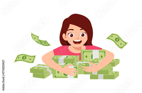 Happy Young Woman Hugging Stacks of Money with Flying Dollar Bills Illustration Style