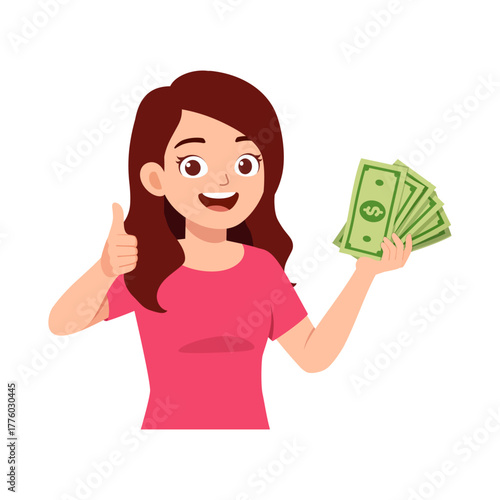 Smiling Woman Holding Money and Giving Thumbs Up Expressing Happiness in a Cartoon Style