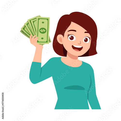 Happy Woman Holding Money Smiling with Joyful Expression in Illustration Art Style