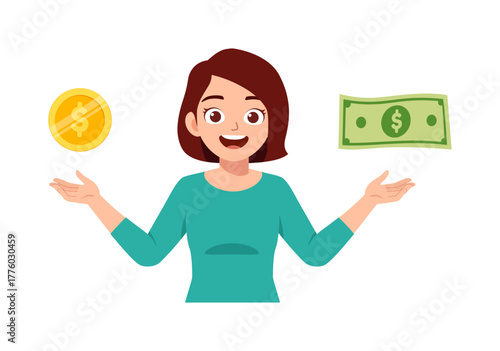 Happy Young Woman Comparing Coin and Banknote Money Balancing Finances with Cheerful Expression
