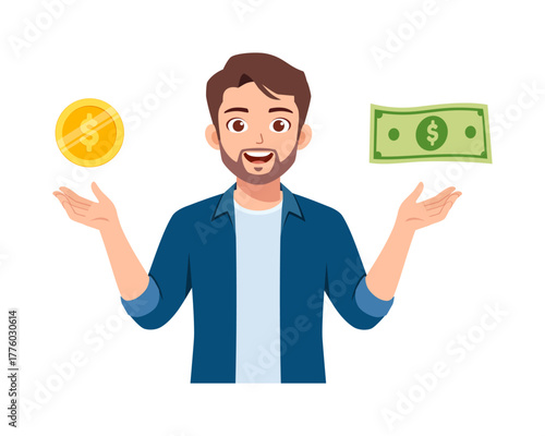 Smiling Caucasian Man Presenting Money with Open Palms in Cartoon Vector Illustration