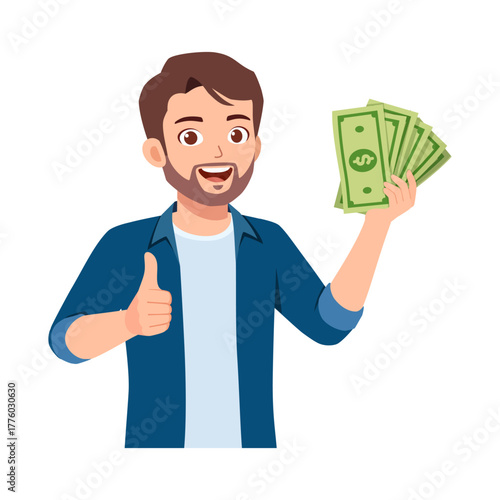 Happy Caucasian Man Holding Money and Giving Thumbs Up with Confident Expression