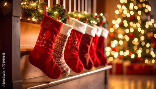 A festive holiday scene of Christmas stockings hung in a row on a stair railing with garland lights glowing