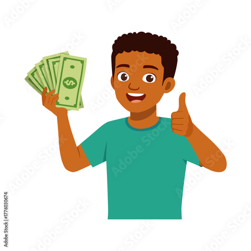 Happy African American Man Holding Money and Giving Thumbs Up with Smile on White Background