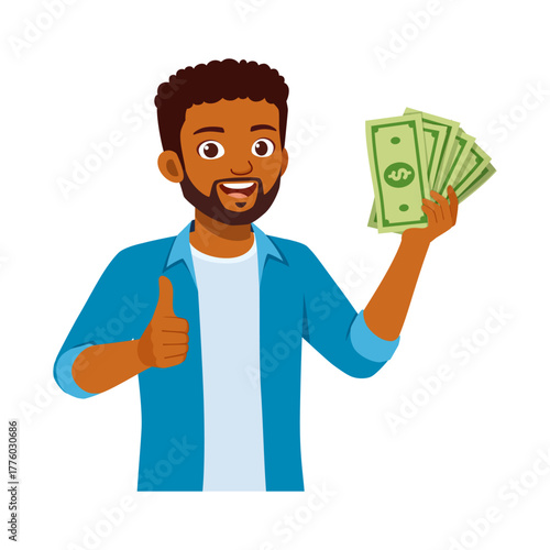 Happy African American Man Holding Money and Giving Thumbs Up with Joyful Expression