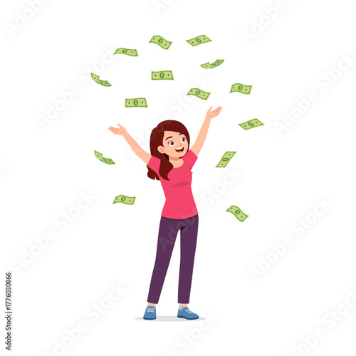 Happy Young Woman Throwing Money in the Air with Excitement and Joyful Expression Illustration