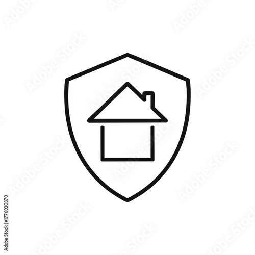 A minimalist line art icon illustrating a house securely nestled within a shield, symbolizing robust home protection, safety, and property insurance concepts.