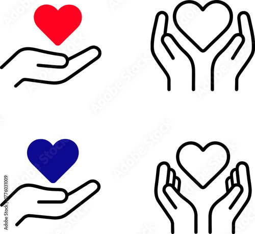 Hands holding hearts in various styles representing love care support and charitable giving concepts