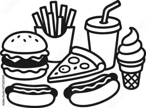 Black and white illustration of a variety of fast food items arranged together on a plain background