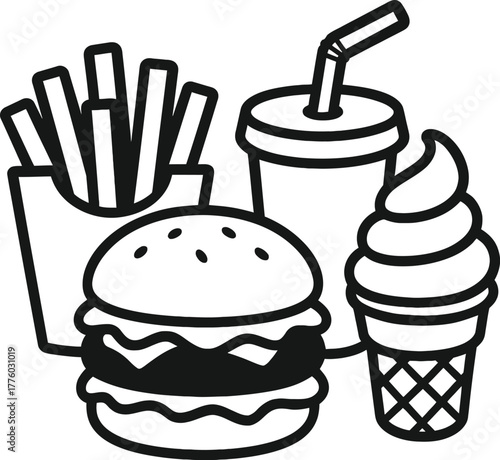 Black and white illustration of a burger fries soda and ice cream representing fast food choices