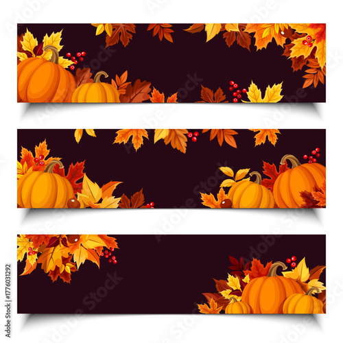 Autumn web banners with orange pumpkins and colorful fall leaves. Set of vector web banners