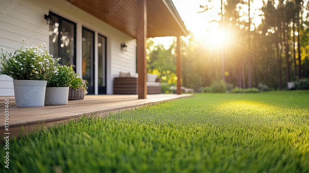 Naklejka premium Cozy countryside house with beautiful garden warm morning light, creating serene atmosphere