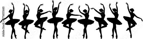 A group of graceful silhouettes of ballerinas dancing in various poses on a transparent background [with space for text]