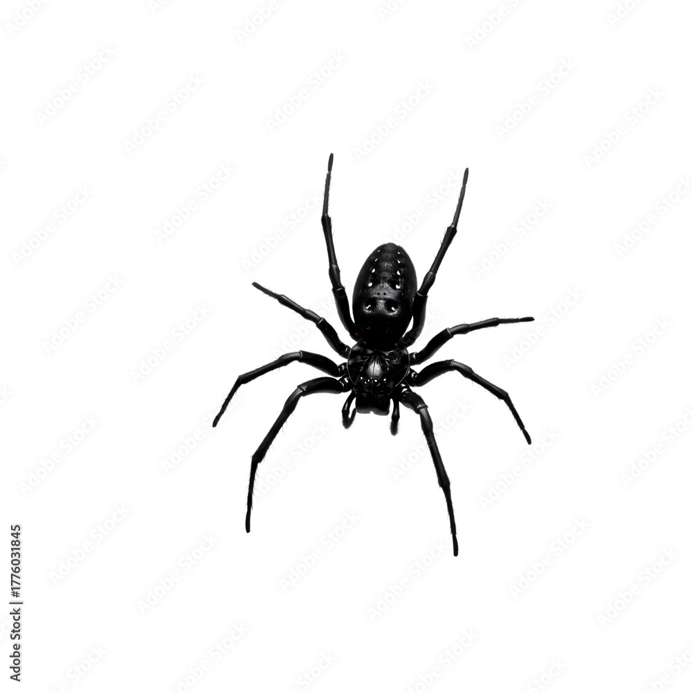 Fototapeta premium Intricate black spider with detailed markings and spindly legs crawling, perfect for Halloween or spooky season designs, evoking fear and fascination