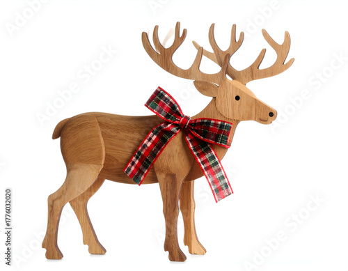 Rustic wooden reindeer figure with plaid bow, perfect for Christmas decorations. An elegant Christmas decoration idea