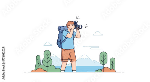 Illustrated Tourist Taking Photos in Nature