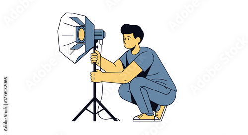 Photographer Adjusting Studio Lighting Equipment Illustration