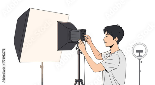 Studio Lighting Setup: Man Adjusting Softbox for Photography