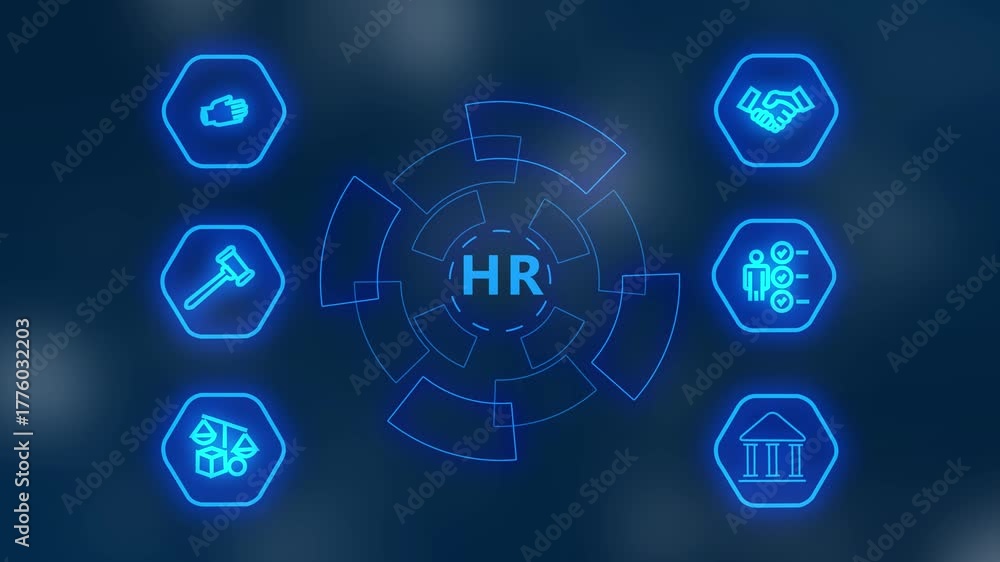 Glowing neon line Enterprise resource planning hr concept animated technology, neon Business concept with thin line icons on black background .