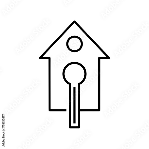 Outline drawing of a cuckoo clock with pendulum on transparent background