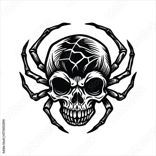 Skull with spider crawling on it  horror vector