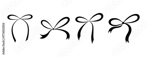 A set of black silhouettes of bows, isolated on a white background, vector illustration. A ribbon-tied bow, hand-drawn. Festive elegant, graphic element for decoration, design, postcards, labels