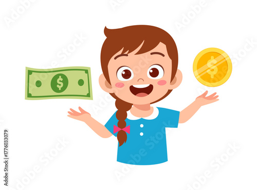 Happy Young Girl Juggling Money with Smiling Expression in a Bright and Colorful Illustration