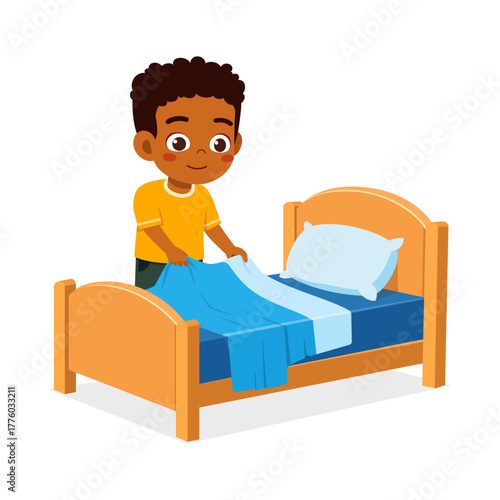 Smiling African Boy Arranging Bedding with Bed and Pillow Ready for Sleep Time Cartoon Illustration