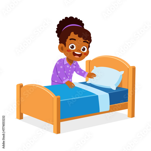 Little African American Girl Making Bed Wearing Pajamas Smiling Happily Cartoon Illustration