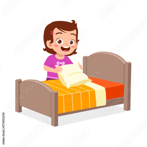 Cute Little Girl Making Bed Smiling in Bedroom with Happy Expression Cartoon Illustration