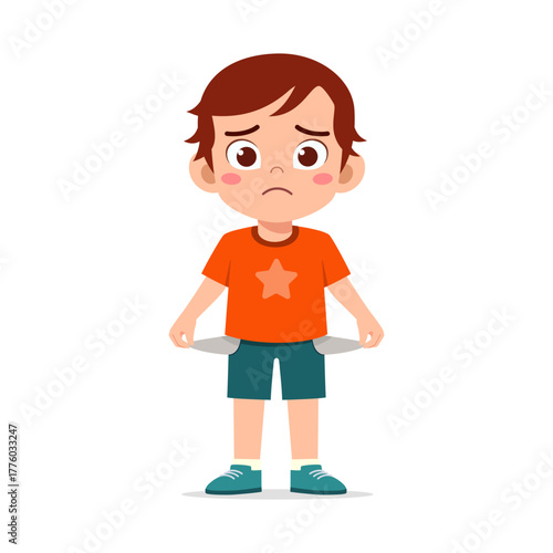 Sad Boy Showing Empty Pockets Financial Trouble Worried and Poor Upset Unhappy