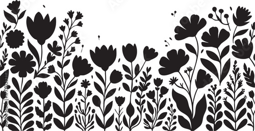 Black and white floral vector design, flower silhouette illustration eps