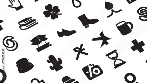 Black and white vector icon set: hand, clover, books, shoe, boot, mug, cactus, hourglass, camera, and more eps silhouette