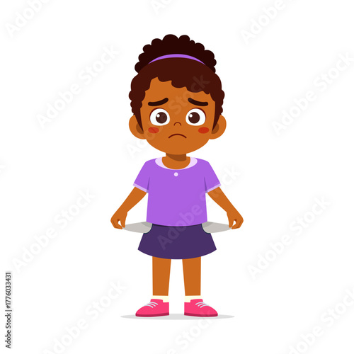 Sad African Girl Showing Empty Pockets With Upset Expression in Cartoon Illustration